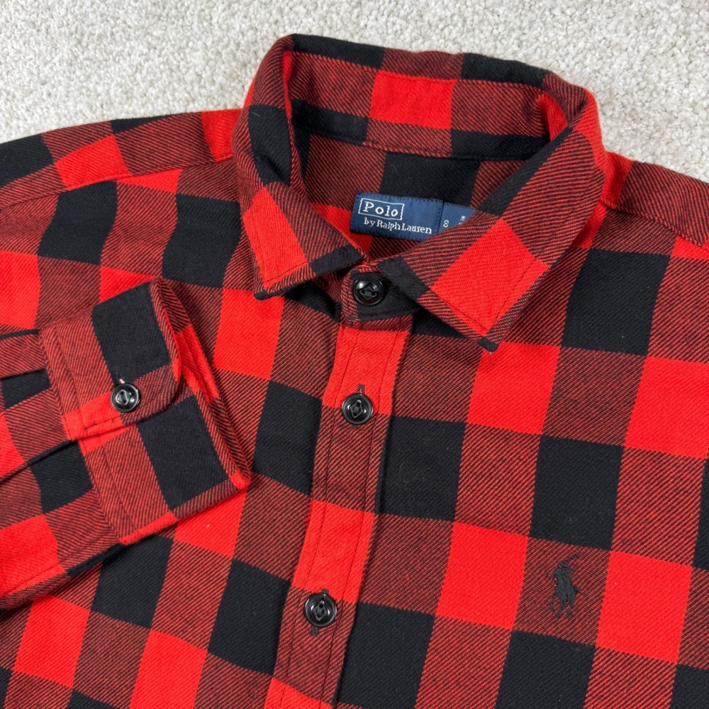 Polo Ralph Lauren Flannel Shirt Women 8 Red Black Buffalo Plaid Button Down